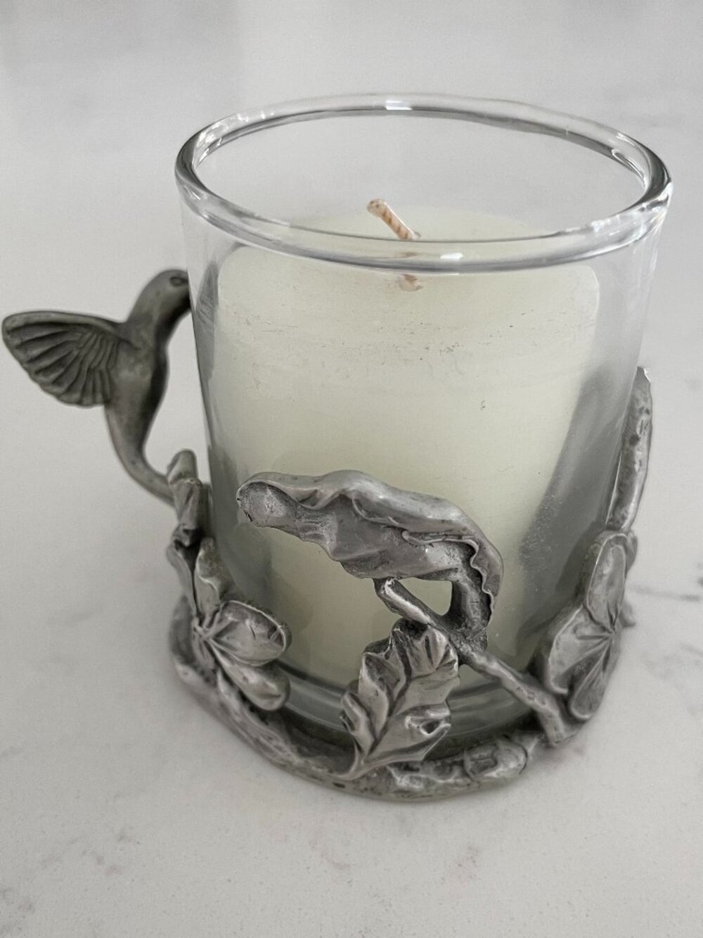 Seagull Canada @1992 Vtg Fine Pewter Mini Candle Holder+Candle Hummingbird Motif